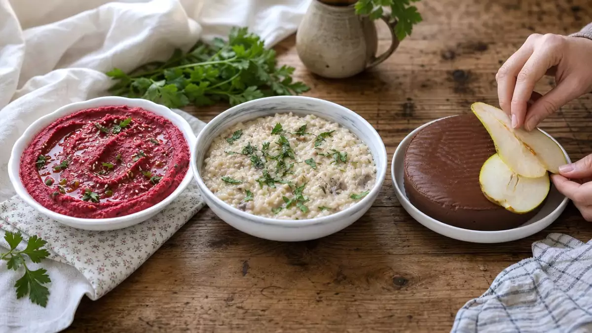 Denní menu na 12. října: růžový hummus, krémové houbové rizoto a hruškový čokoládový fudge