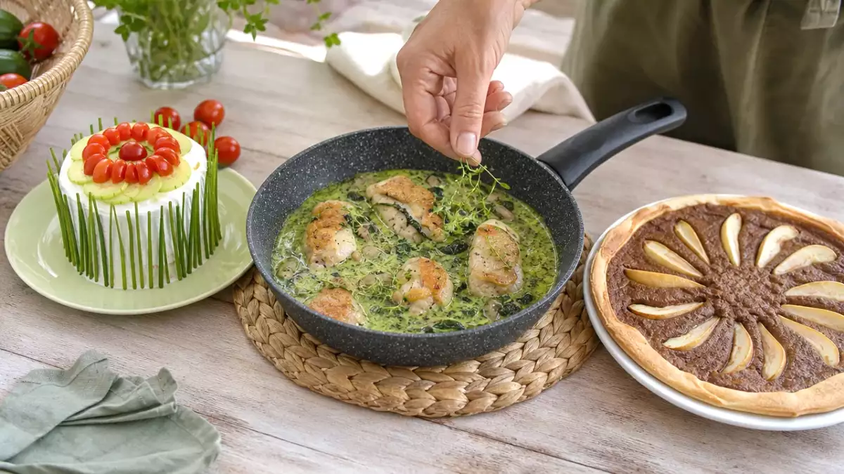 Denní menu, 21. října: lososový sendvičový dort, krémové kuře a hruškový koláč