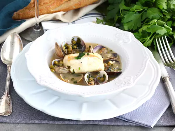 Recept Dušený štikozubec, škeble a hrášek