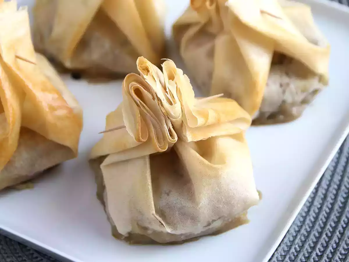 Extra křupavé aumônières s houbami, sýrem Brie a hruškami