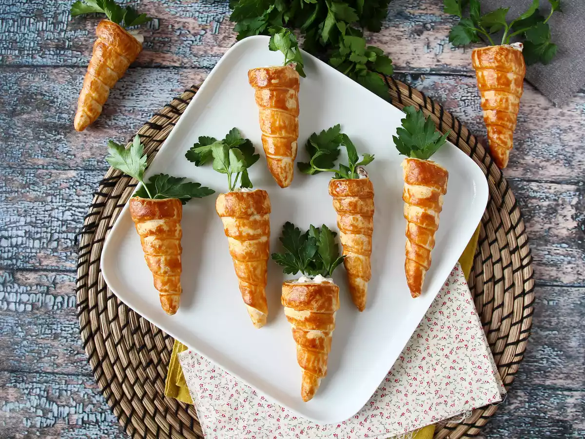 Roztomilé mrkvičky z listového těsta pro velikonoční aperitiv: kozí sýr a sušená rajčata - foto 4