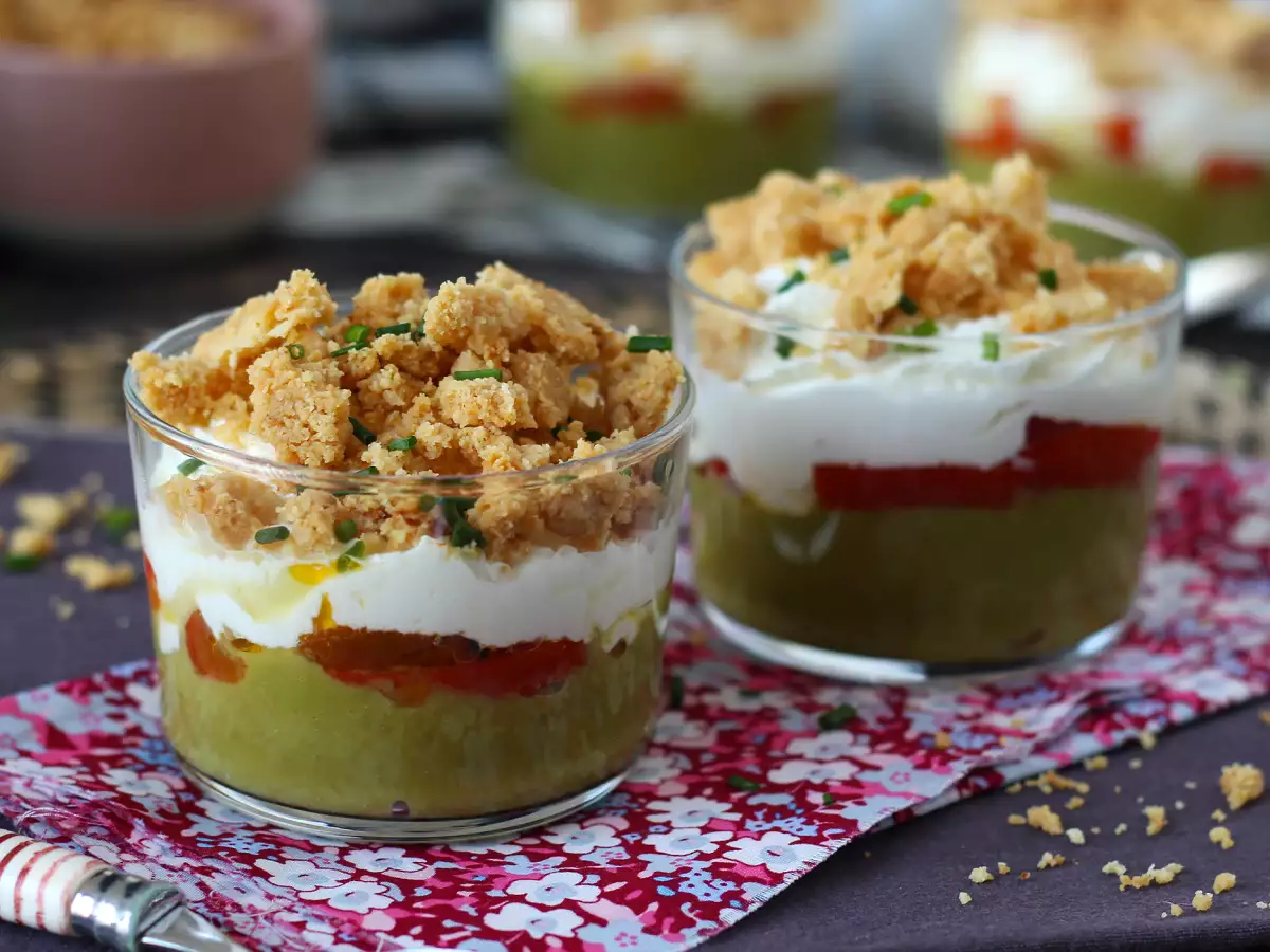 Vegetariánské verriny: hráškový krém, parmazánová drobenka a mascarpone krém