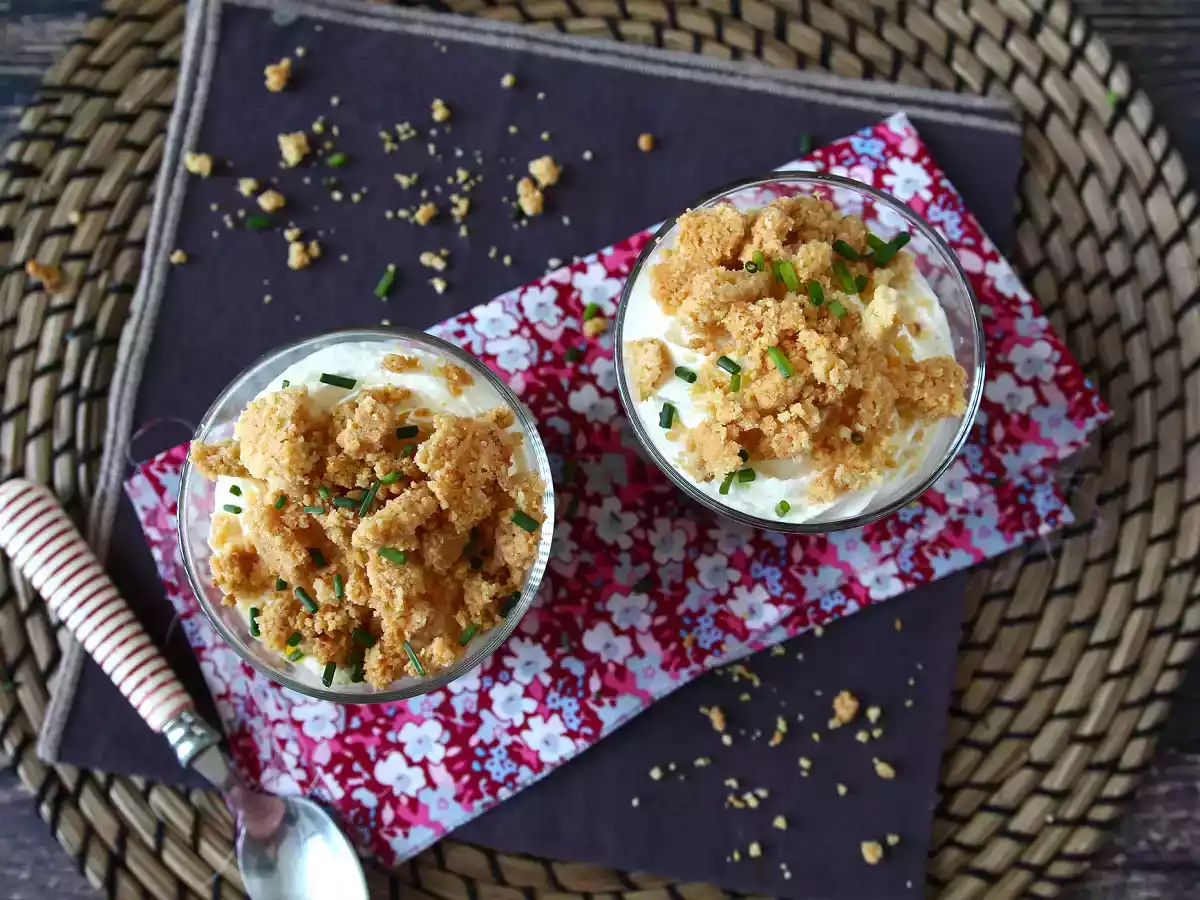 Vegetariánské verriny: krém z hrášku, parmazánová drobenka a krém z mascarpone - foto 2