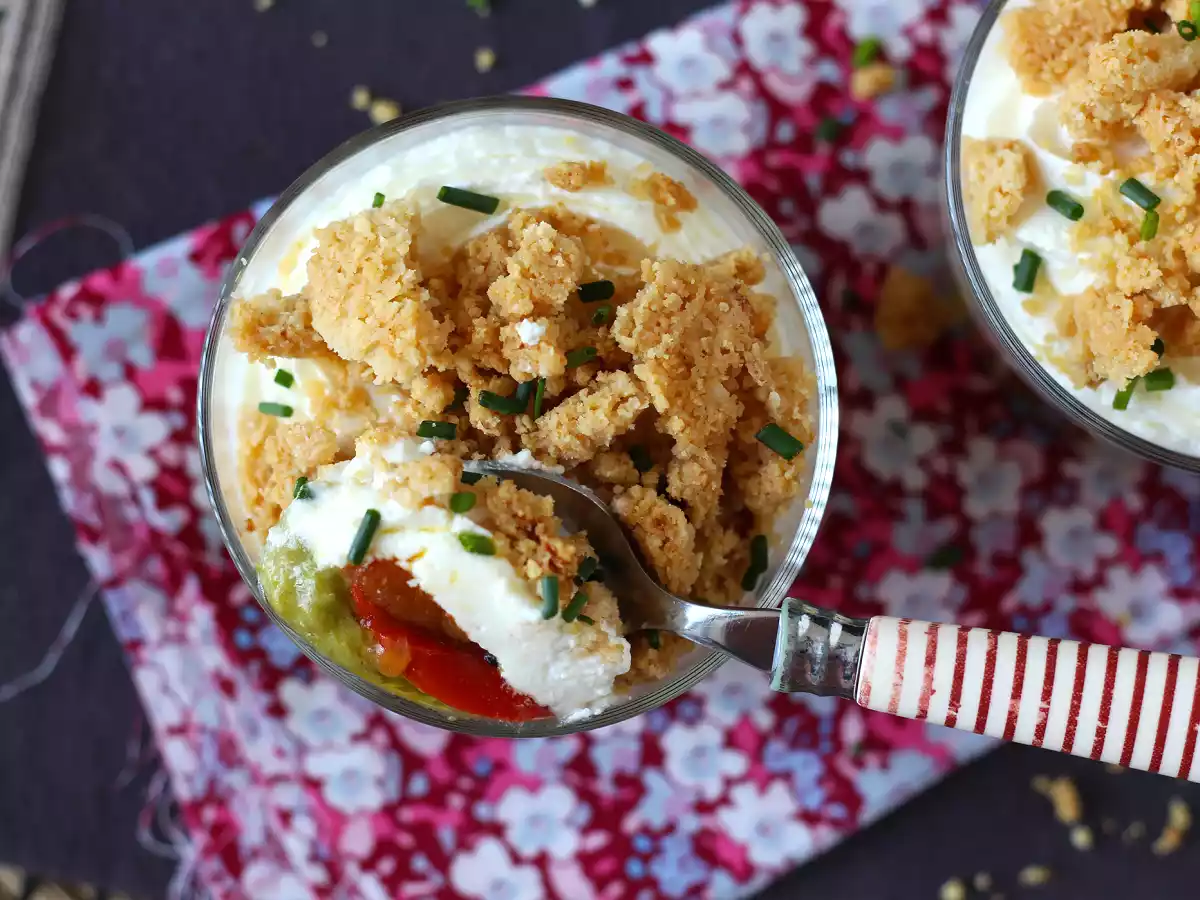 Vegetariánské verriny: krém z hrášku, parmazánová drobenka a krém z mascarpone - foto 4